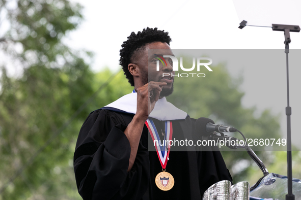 Actor and alumnus Chadwick Boseman delivers the keynote address at Howard University's commencement ceremony for the 2018 graduating class....