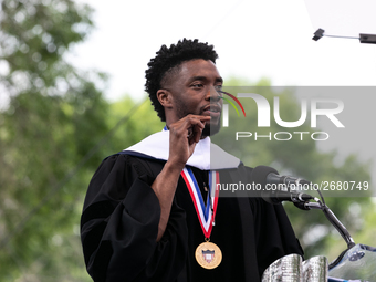 Actor and alumnus Chadwick Boseman delivers the keynote address at Howard University's commencement ceremony for the 2018 graduating class....