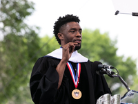 Actor and alumnus Chadwick Boseman delivers the keynote address at Howard University's commencement ceremony for the 2018 graduating class....