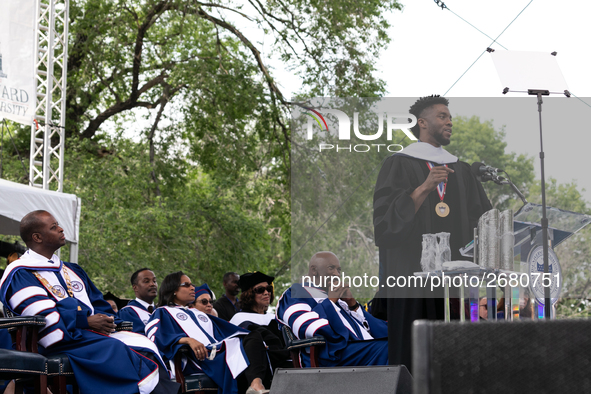 Actor and alumnus Chadwick Boseman (R), delivers the keynote address at Howard University's commencement ceremony for the 2018 graduating cl...