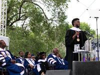 Actor and alumnus Chadwick Boseman (R), delivers the keynote address at Howard University's commencement ceremony for the 2018 graduating cl...