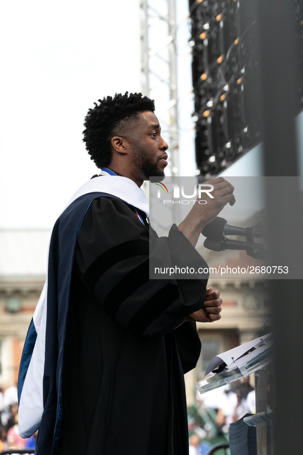 Actor and alumnus Chadwick Boseman delivers the keynote address at Howard University's commencement ceremony for the 2018 graduating class....