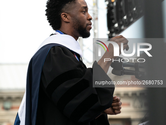 Actor and alumnus Chadwick Boseman delivers the keynote address at Howard University's commencement ceremony for the 2018 graduating class....