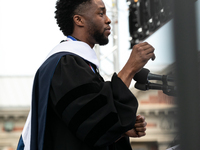 Actor and alumnus Chadwick Boseman delivers the keynote address at Howard University's commencement ceremony for the 2018 graduating class....