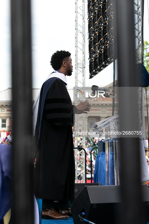 Actor and alumnus Chadwick Boseman delivers the keynote address at Howard University's commencement ceremony for the 2018 graduating class....