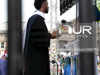 Actor and alumnus Chadwick Boseman delivers the keynote address at Howard University's commencement ceremony for the 2018 graduating class....