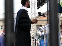 Actor and alumnus Chadwick Boseman delivers the keynote address at Howard University's commencement ceremony for the 2018 graduating class....