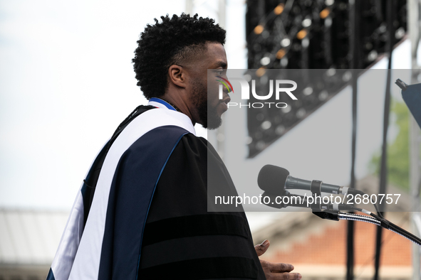 Actor and alumnus Chadwick Boseman delivers the keynote address at Howard University's commencement ceremony for the 2018 graduating class....