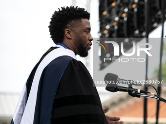 Actor and alumnus Chadwick Boseman delivers the keynote address at Howard University's commencement ceremony for the 2018 graduating class....