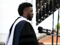 Actor and alumnus Chadwick Boseman delivers the keynote address at Howard University's commencement ceremony for the 2018 graduating class....