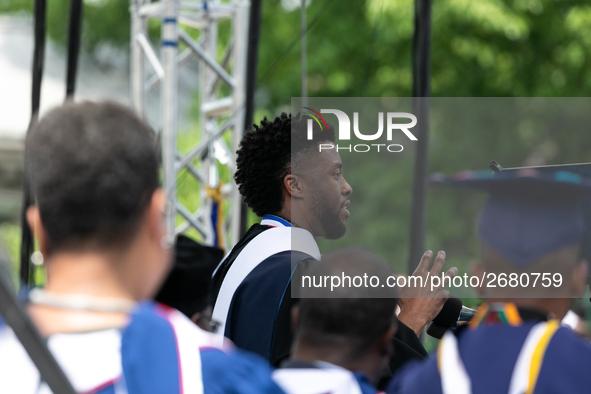 Actor and alumnus Chadwick Boseman delivers the keynote address at Howard University's commencement ceremony for the 2018 graduating class....