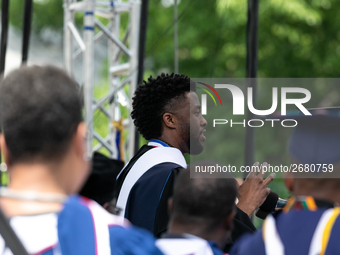 Actor and alumnus Chadwick Boseman delivers the keynote address at Howard University's commencement ceremony for the 2018 graduating class....