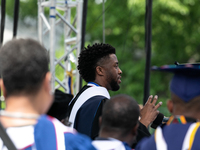 Actor and alumnus Chadwick Boseman delivers the keynote address at Howard University's commencement ceremony for the 2018 graduating class....