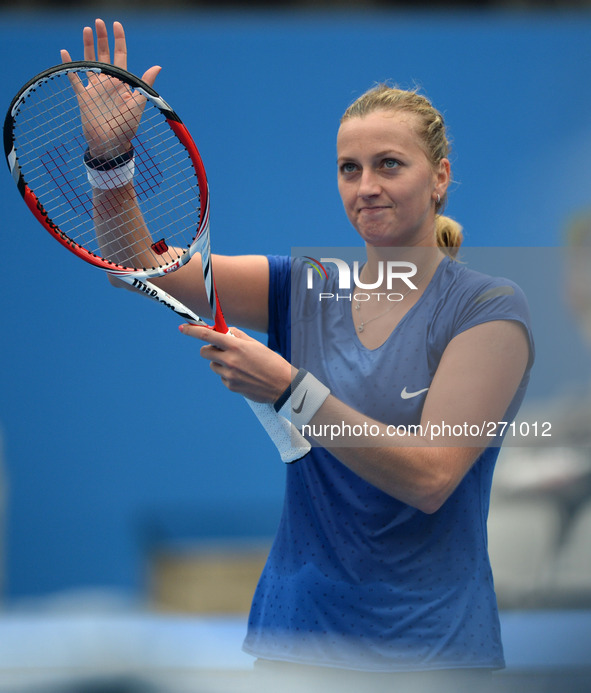 (141003) -- BEIJING, Oct. 3, 2014 () -- Petra Kvitova of Czech Republic greets spectators after winning the women's quarterfinal match again...