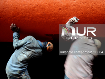 Workers during work at keranigonj Dockyard area in The capital Dhaka, Bangladesh on Wednesday 23 May 2018. (