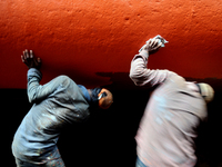 Workers during work at keranigonj Dockyard area in The capital Dhaka, Bangladesh on Wednesday 23 May 2018. (