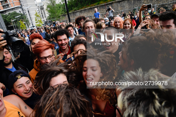 A protester who was arrested by police during the Arago highschool blocade, get out of the Courthouse and is welcomed by his friends in pari...