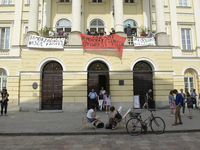 Students protest the changes in the higher education law in Warsaw, Poland on June 5, 2018. The new Gowin law the students say will severely...