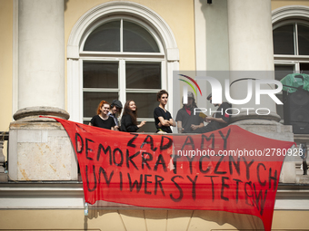 Students protest the changes in the higher education law in Warsaw, Poland on June 5, 2018. The new Gowin law the students say will severely...