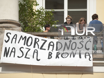 Students protest the changes in the higher education law in Warsaw, Poland on June 5, 2018. The new Gowin law the students say will severely...