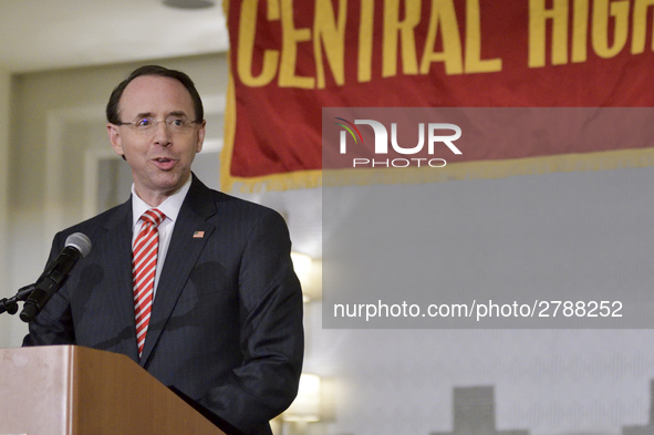 US Deputy Attorney General Rod Rosenstein delivers the keynote speech during the Central High School annual alumni dinner, in Philadelphia,...