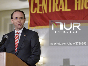 US Deputy Attorney General Rod Rosenstein delivers the keynote speech during the Central High School annual alumni dinner, in Philadelphia,...