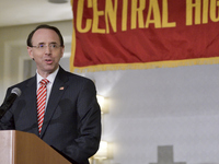 US Deputy Attorney General Rod Rosenstein delivers the keynote speech during the Central High School annual alumni dinner, in Philadelphia,...