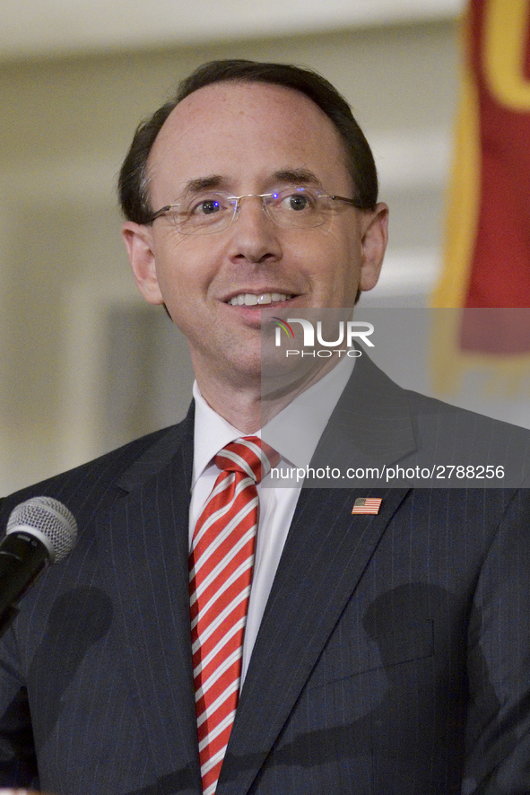 US Deputy Attorney General Rod Rosenstein delivers the keynote speech during the Central High School annual alumni dinner, in Philadelphia,...