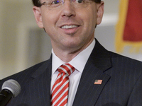 US Deputy Attorney General Rod Rosenstein delivers the keynote speech during the Central High School annual alumni dinner, in Philadelphia,...