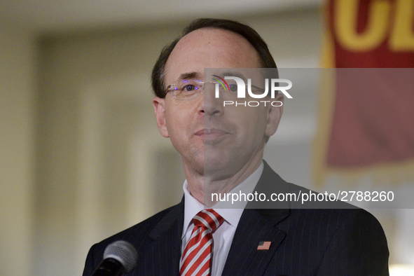 US Deputy Attorney General Rod Rosenstein delivers the keynote speech during the Central High School annual alumni dinner, in Philadelphia,...