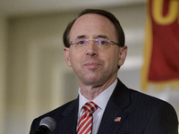 US Deputy Attorney General Rod Rosenstein delivers the keynote speech during the Central High School annual alumni dinner, in Philadelphia,...