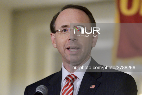 US Deputy Attorney General Rod Rosenstein delivers the keynote speech during the Central High School annual alumni dinner, in Philadelphia,...