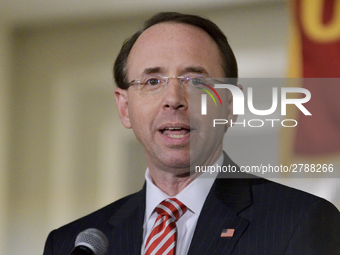 US Deputy Attorney General Rod Rosenstein delivers the keynote speech during the Central High School annual alumni dinner, in Philadelphia,...