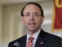 US Deputy Attorney General Rod Rosenstein delivers the keynote speech during the Central High School annual alumni dinner, in Philadelphia,...