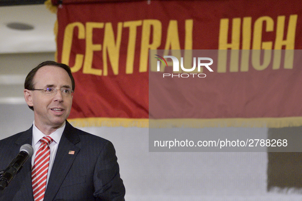 US Deputy Attorney General Rod Rosenstein delivers the keynote speech during the Central High School annual alumni dinner, in Philadelphia,...