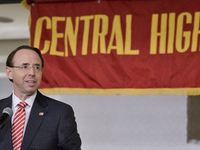 US Deputy Attorney General Rod Rosenstein delivers the keynote speech during the Central High School annual alumni dinner, in Philadelphia,...