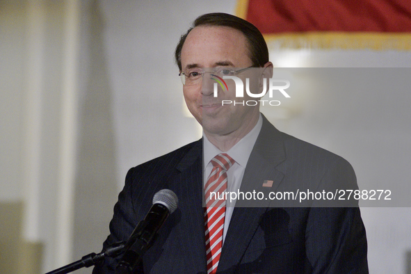 US Deputy Attorney General Rod Rosenstein delivers the keynote speech during the Central High School annual alumni dinner, in Philadelphia,...