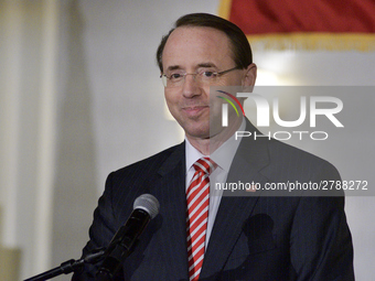 US Deputy Attorney General Rod Rosenstein delivers the keynote speech during the Central High School annual alumni dinner, in Philadelphia,...