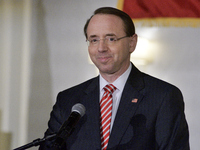 US Deputy Attorney General Rod Rosenstein delivers the keynote speech during the Central High School annual alumni dinner, in Philadelphia,...