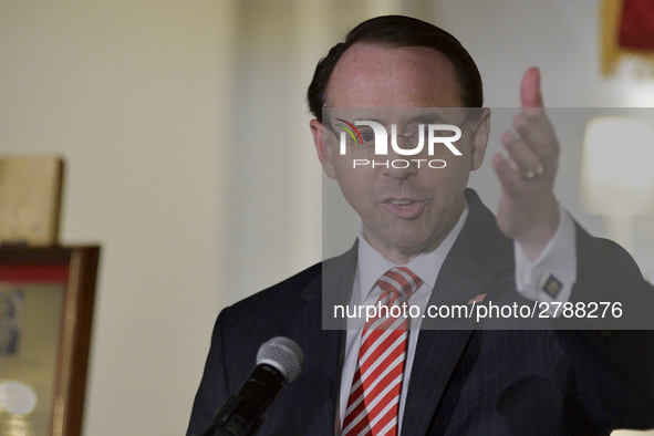 US Deputy Attorney General Rod Rosenstein delivers the keynote speech during the Central High School annual alumni dinner, in Philadelphia,...