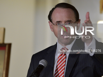 US Deputy Attorney General Rod Rosenstein delivers the keynote speech during the Central High School annual alumni dinner, in Philadelphia,...