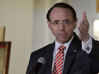 US Deputy Attorney General Rod Rosenstein delivers the keynote speech during the Central High School annual alumni dinner, in Philadelphia,...