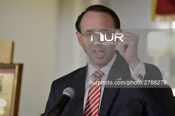 US Deputy Attorney General Rod Rosenstein delivers the keynote speech during the Central High School annual alumni dinner, in Philadelphia,...