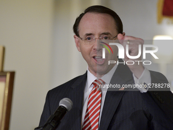 US Deputy Attorney General Rod Rosenstein delivers the keynote speech during the Central High School annual alumni dinner, in Philadelphia,...