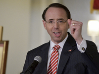 US Deputy Attorney General Rod Rosenstein delivers the keynote speech during the Central High School annual alumni dinner, in Philadelphia,...