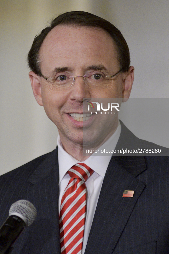 US Deputy Attorney General Rod Rosenstein delivers the keynote speech during the Central High School annual alumni dinner, in Philadelphia,...