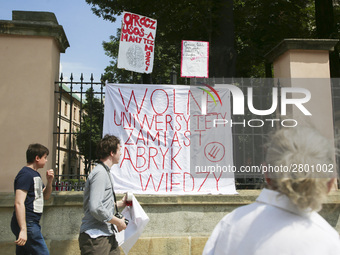 Banners written by students who are occupying the Department of Philosophy of Jagiellonian University in Krakow, Poland on 9 June, 2018. On...