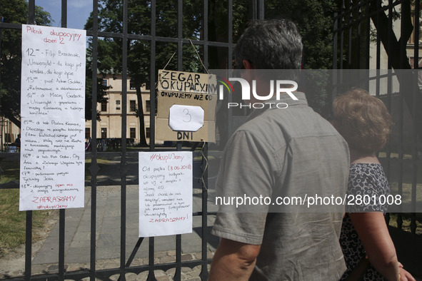 Banners written by students who are occupying the Department of Philosophy of Jagiellonian University in Krakow, Poland on 10 June, 2018. On...