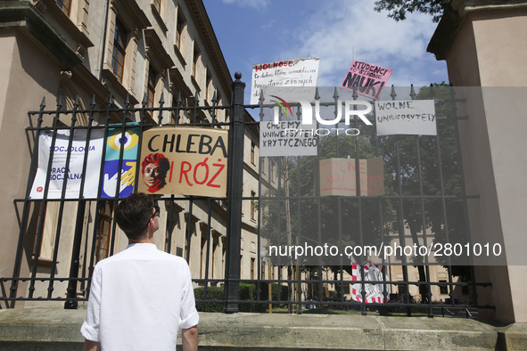 Banners written by students who are occupying the Department of Philosophy of Jagiellonian University in Krakow, Poland on 10 June, 2018. On...