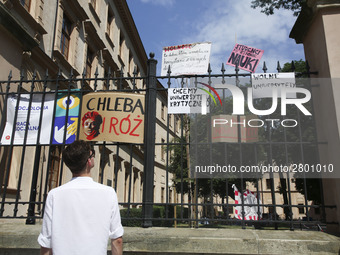 Banners written by students who are occupying the Department of Philosophy of Jagiellonian University in Krakow, Poland on 10 June, 2018. On...